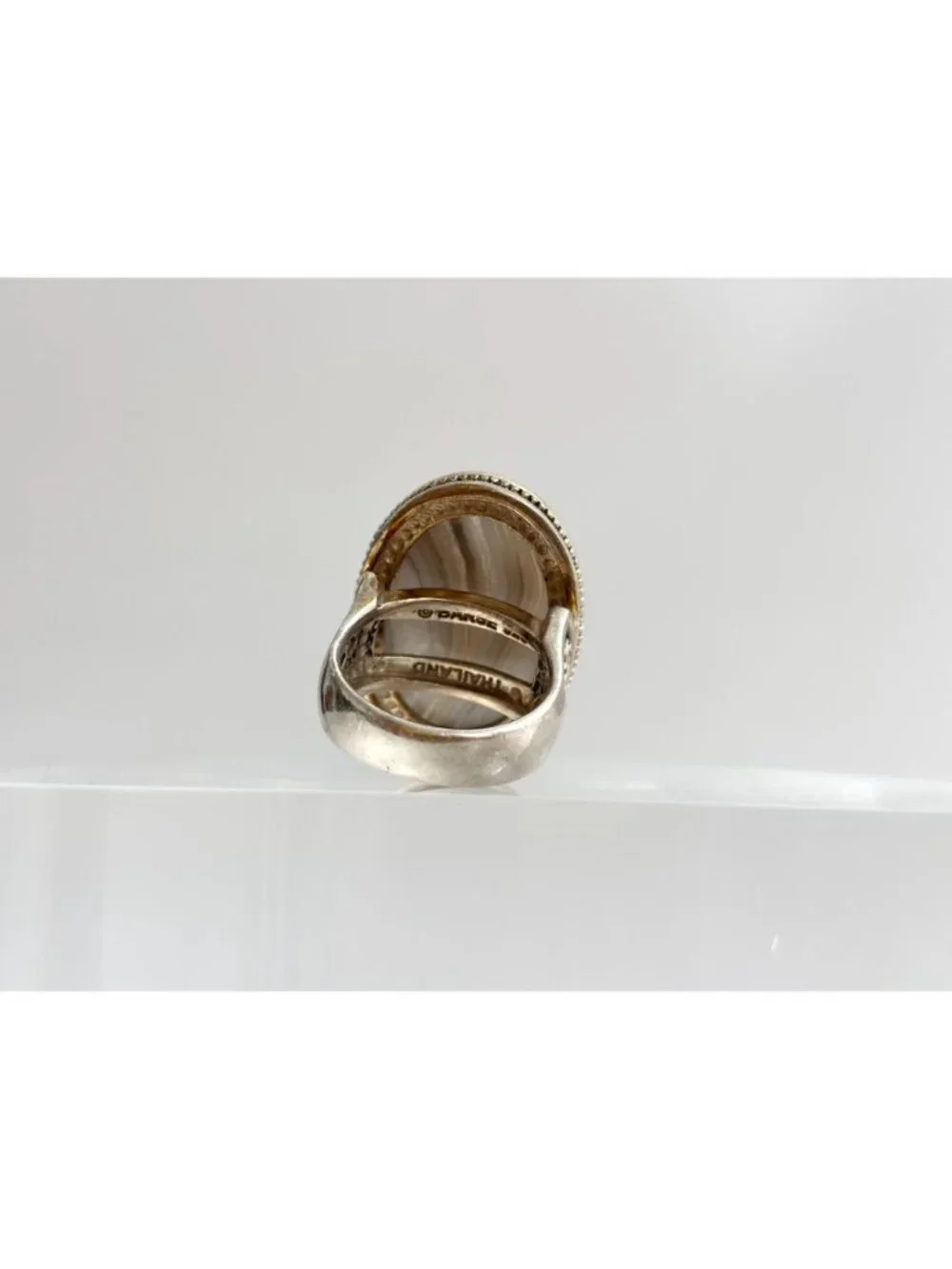 Grey Banded Agate Polished Cabochon Sterling Silver 925 Vintage Ring - sz 8
